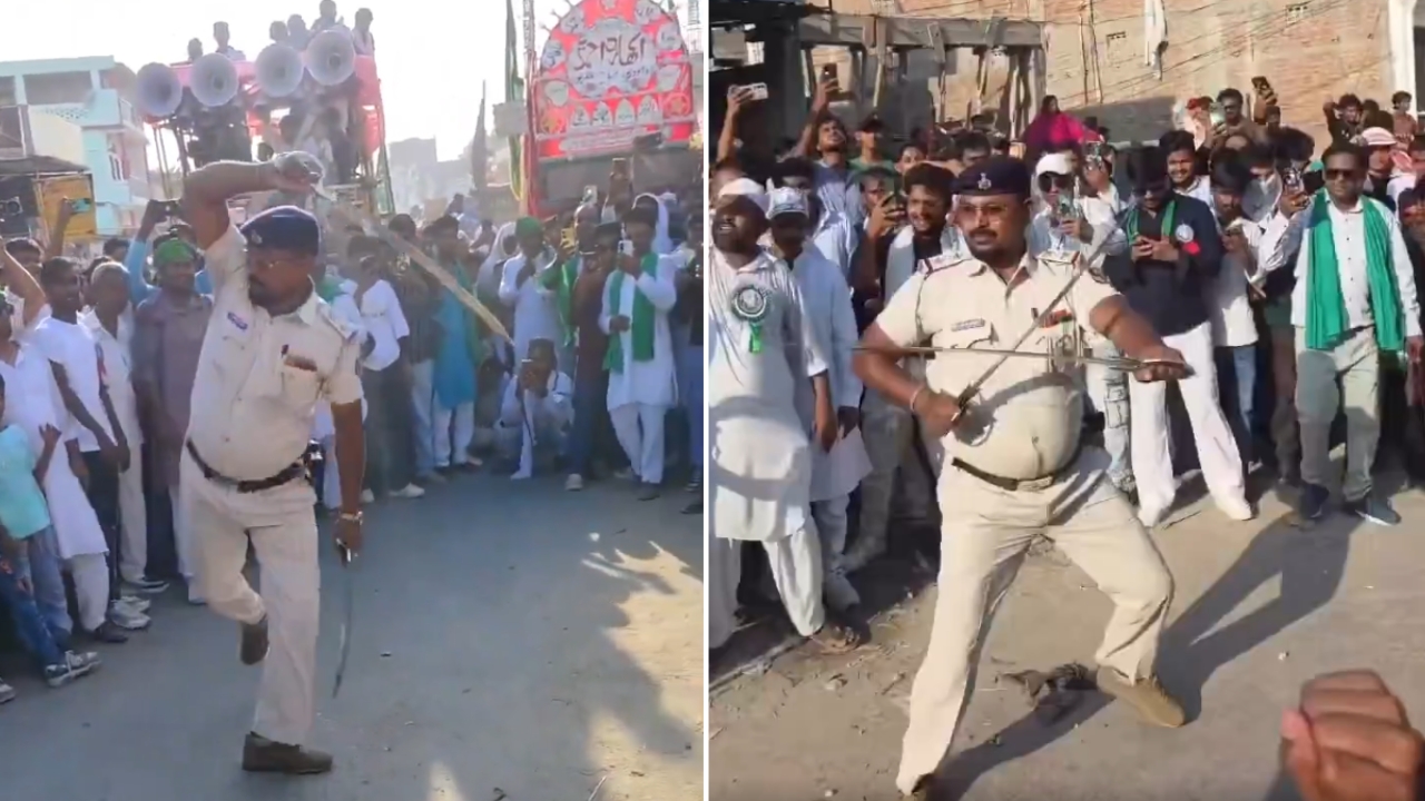 Sub-Inspector Mustakim Khan performing sword stunt during Muharram procession